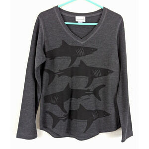 Marushka M hand printed knit Top or T-shirt gray ls sharks women tee 4416